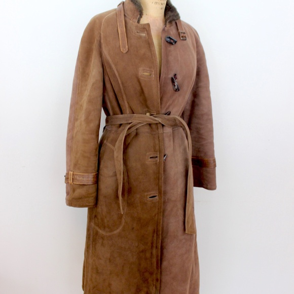1970s shearling sheepskin tan brown fur coat maxi length manteau mouton - Picture 6 of 16